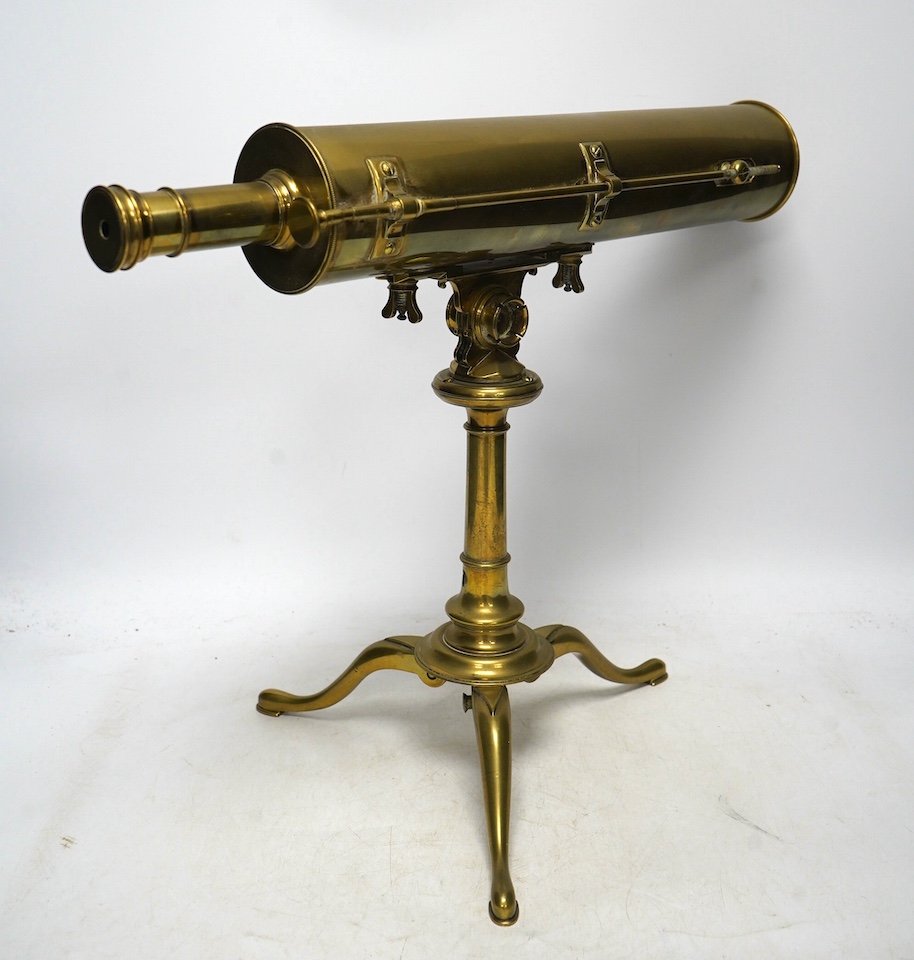 A portable brass reflector telescope on a tripod stand, engraved Ayscough, 44.5cm long. Condition - fair